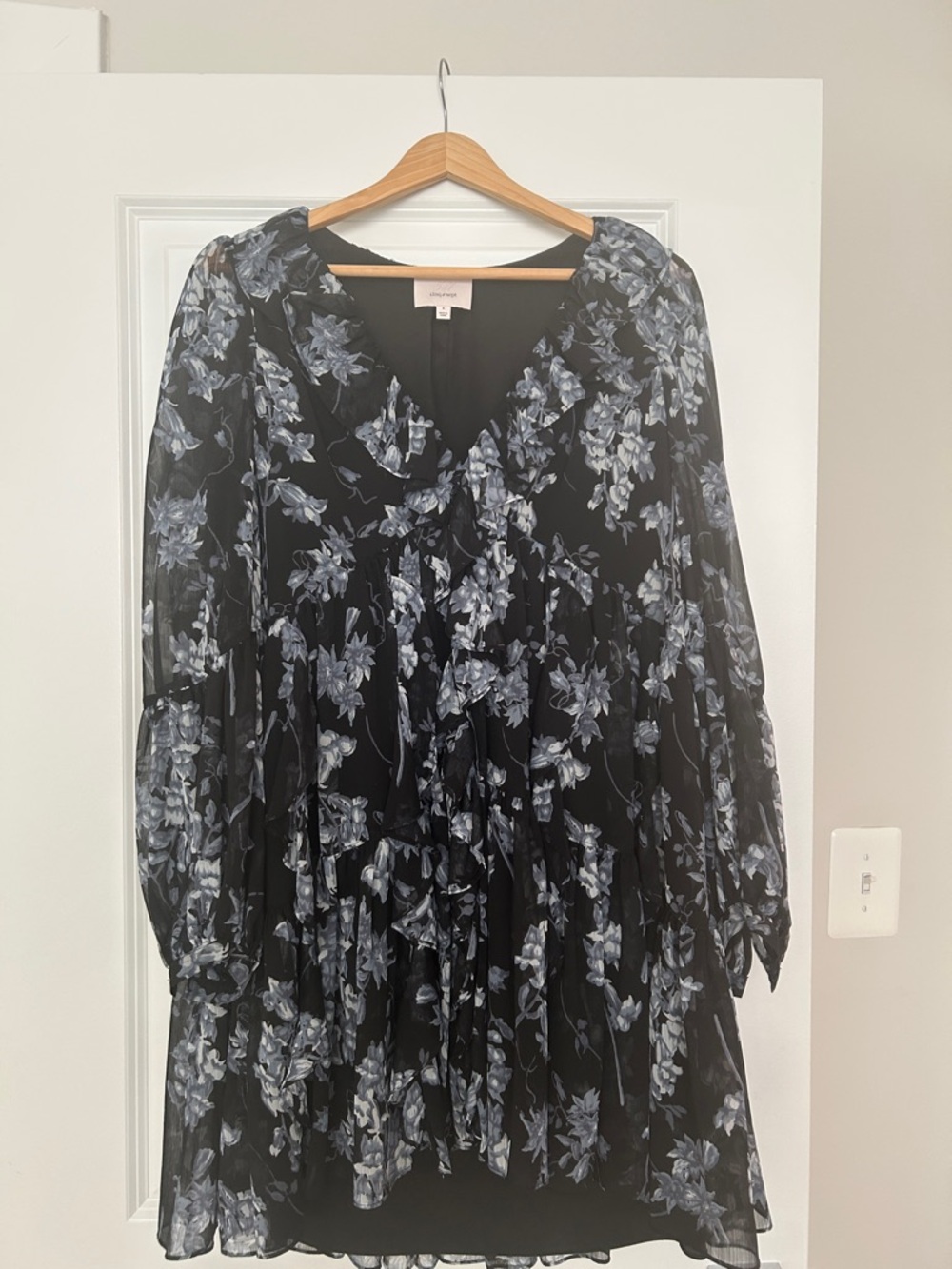 cinq a sept Black Dress with Blue Floral Print and Ruffle V-Neck